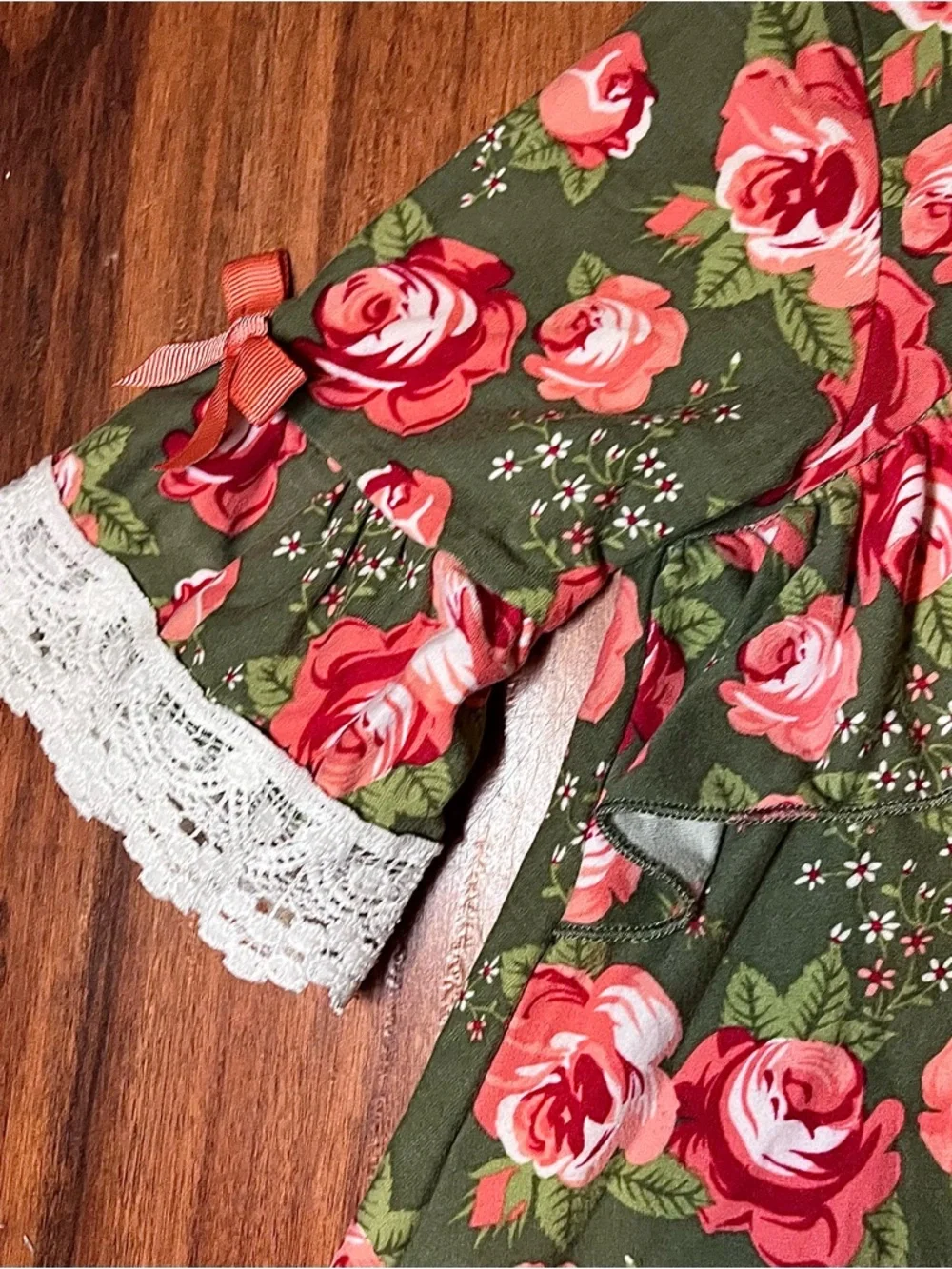 Little Lass Olive Green Floral Ruffle Top with Pink & Red Roses 3/$18 or 4/$20 - Picture 6 of 10